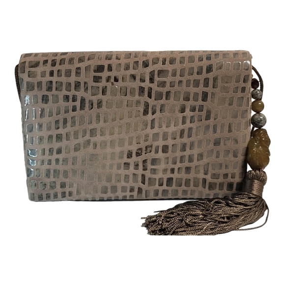 RARE Rafael Sanchez Suede Leather Crossbody BUDDHA stone charm, beads & tassels - Picture 2 of 15